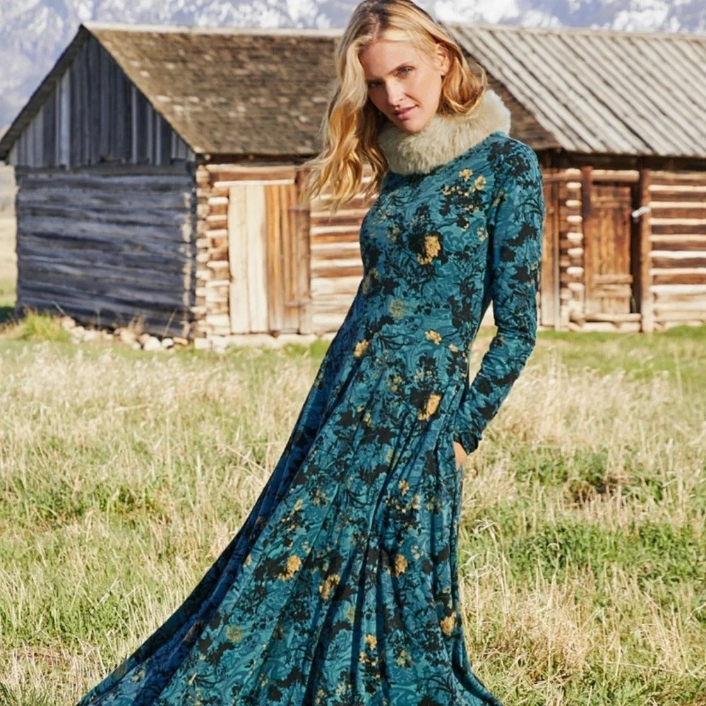 NWT Peruvian Connection Night Bloom Dress XXL Teal Floral Pima Cotton Maxi